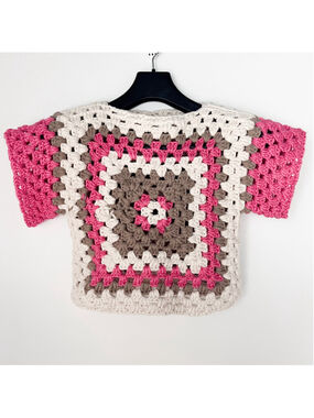 Handmade Crochet Granny Square Crop Tee Pink Brown Boho Festival Retro Sz S 70s